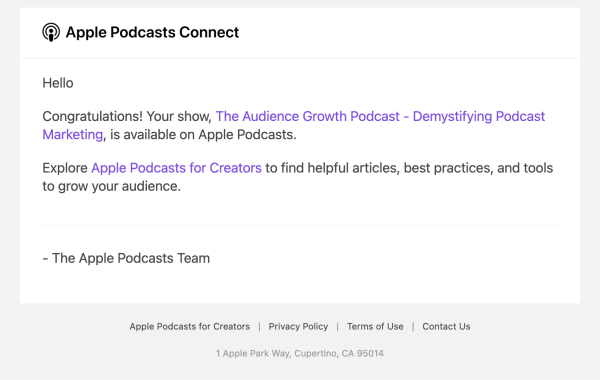 Confirmation email Apple Podcast Connect